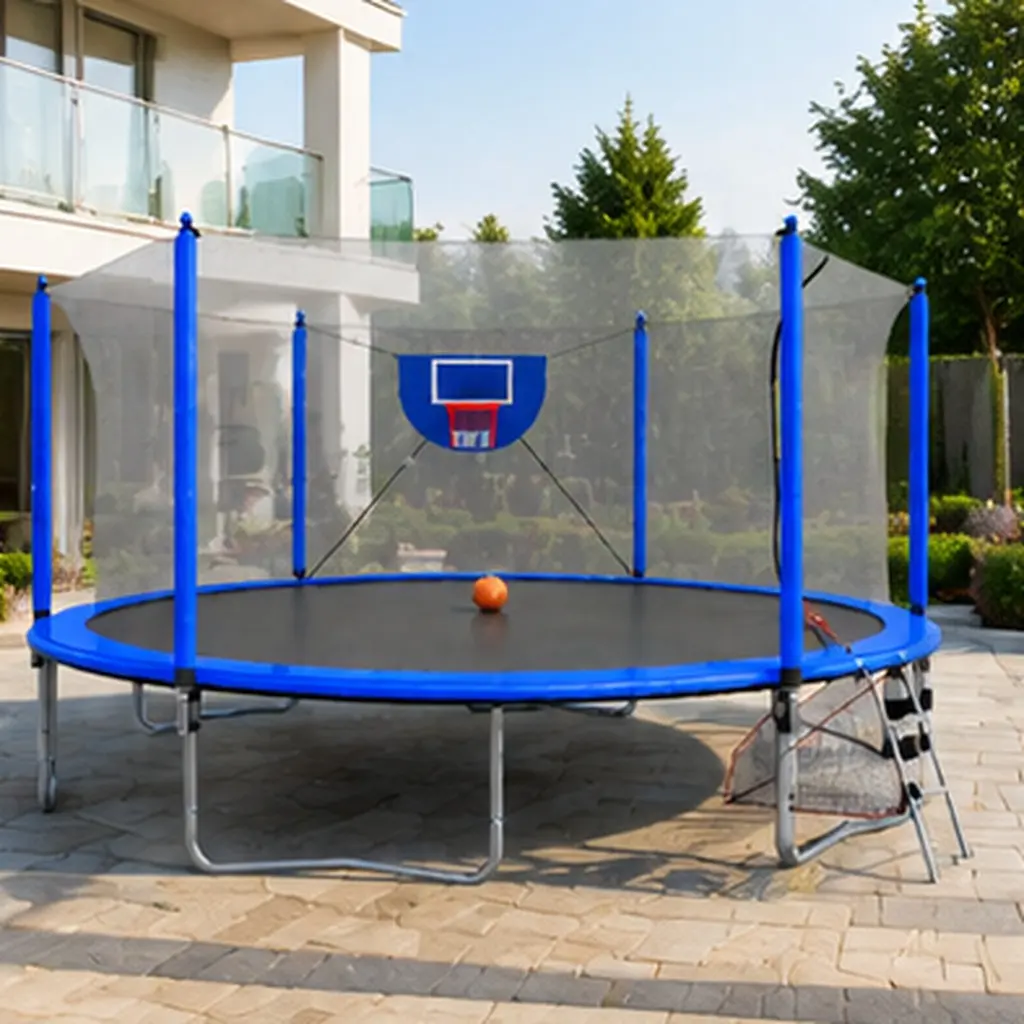 ARCH 16FT Outdoor Trampoline with Basketball Hoop, Soccer Goal, Pump & Ladder - Blue Steel Frame, W-Shape Legs, Inner Safety Enclosure Enclosure Net for Kids Family Backyard Fun, Blue Color Options, Steel Material, Product Dimensions: 192.13 W x, All-In-O