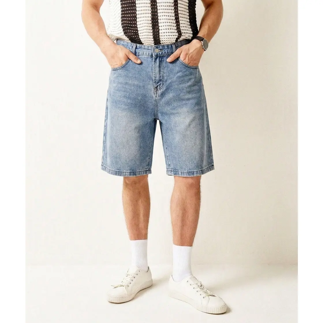 Men's Light Washed Denim Jean Shorts - Casual, Comfortable Breathable Fabric, Relaxed Fit, Streetwear Style, Classic Solid, Knee-Length, Lightweight Everyday Wear for Outdoor Travel - Machine Washable Menswear Bottoms