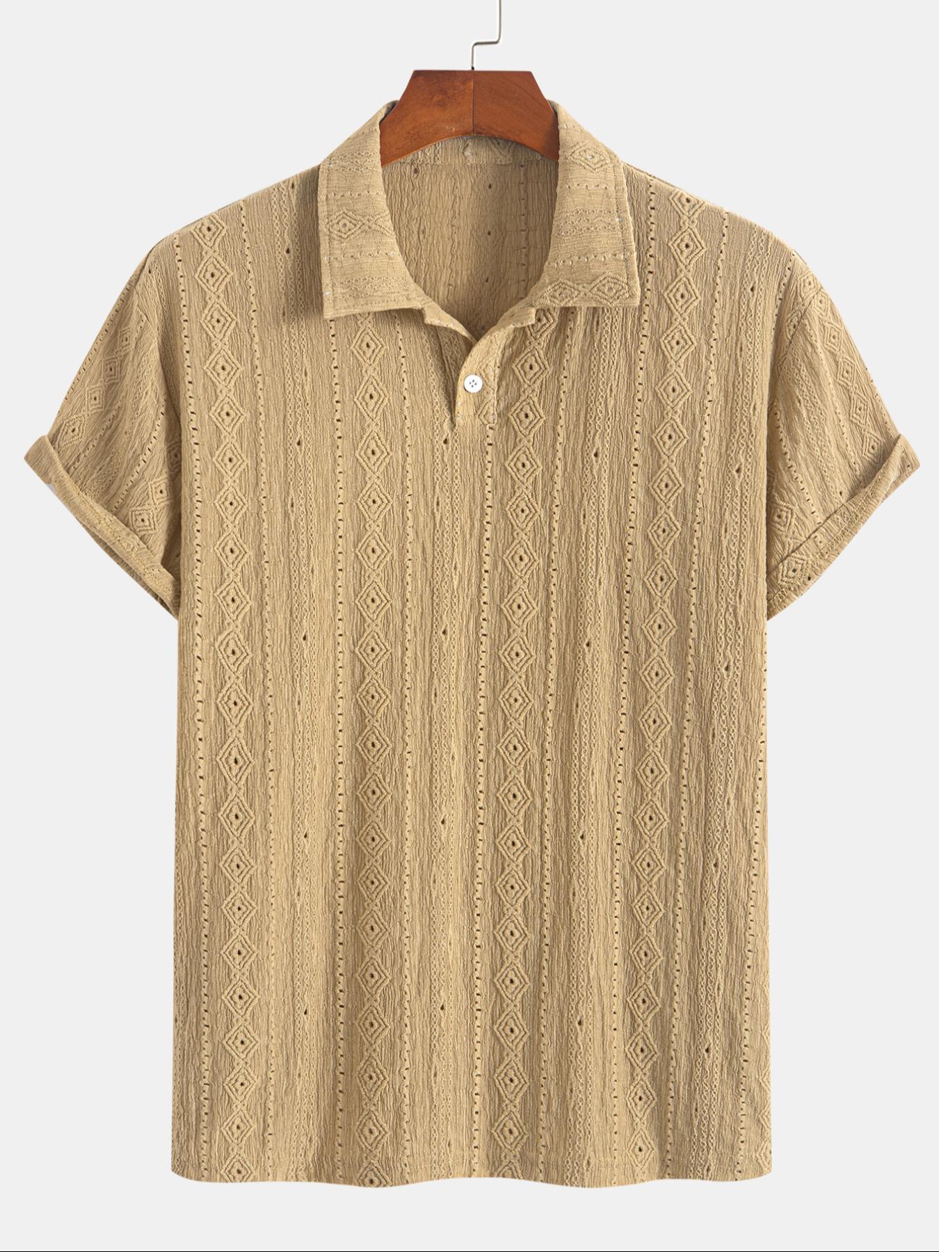 Men's Solid Jacquard Button Polo Shirt, Regular Fit Casual Short Sleeve Polo Top for Summer, Fashion Men's Clothes for Daily Wear