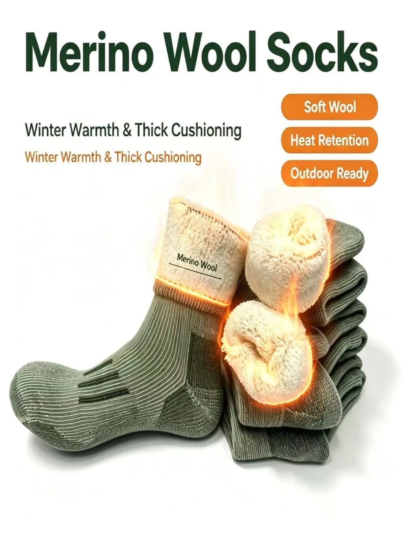 3 Pairs Military Merino Wool Socks, Extra Thick Warm Sailor Insole Socks, Slim-Fitting Crew Socks, Traditional Style, Solid Pattern