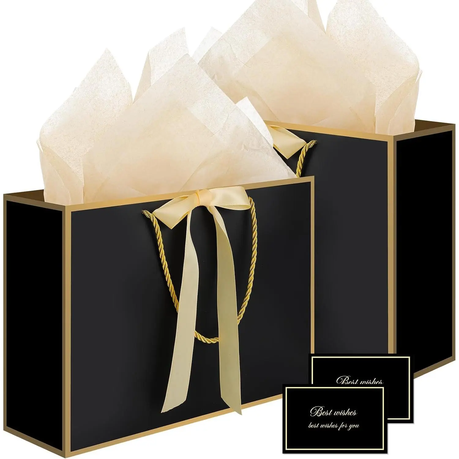 Black  Bags with Handles, 14" Medium  Bag with Tissue Paper | 2 count Black Bags, 4 Tissue Paper&2 Cards, Ideal for Men Birthday, Anniversary, Bachelor Party Decorations