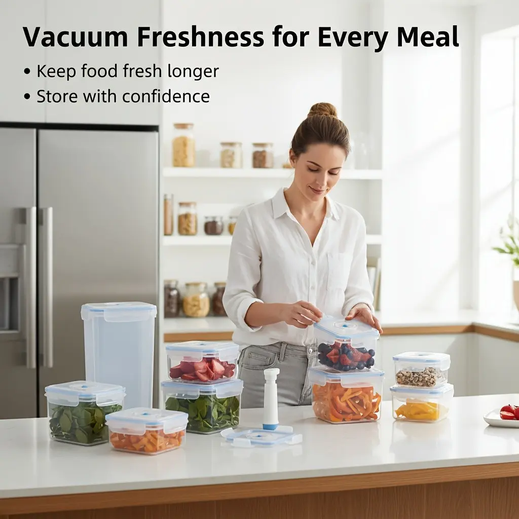 Vacuum Sealed Food Storage Containers with Time Markers, Transparent Airtight Design, Ideal for Refrigerator, Camping, Picnics