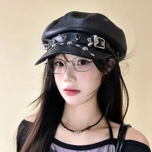 Gothic Punk Faux Leather Military Cap Spiked Studded Cadet Hat with Buckle Strap Retro Biker Captain Hat for Cosplay Rock Party