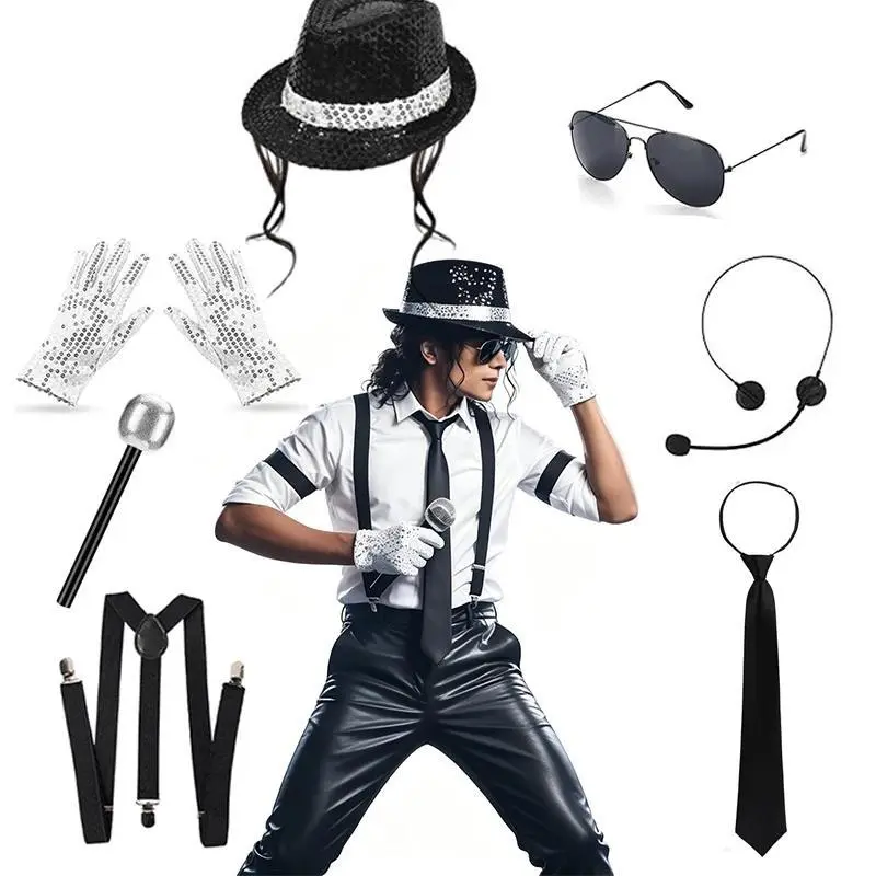 Michael Jackson Cosplay Accessories Set Sequin Hat Gloves Sunglasses Suspender Tie for Halloween Party
