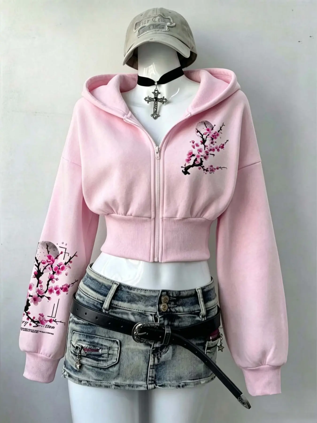 Cherry Blossom Short Zipper Hooded Sweatshirt, Y2K Style High Waist Crop Top, Sakura Print, Japanese Calligraphy, Fall & Winter Fashion, Casual