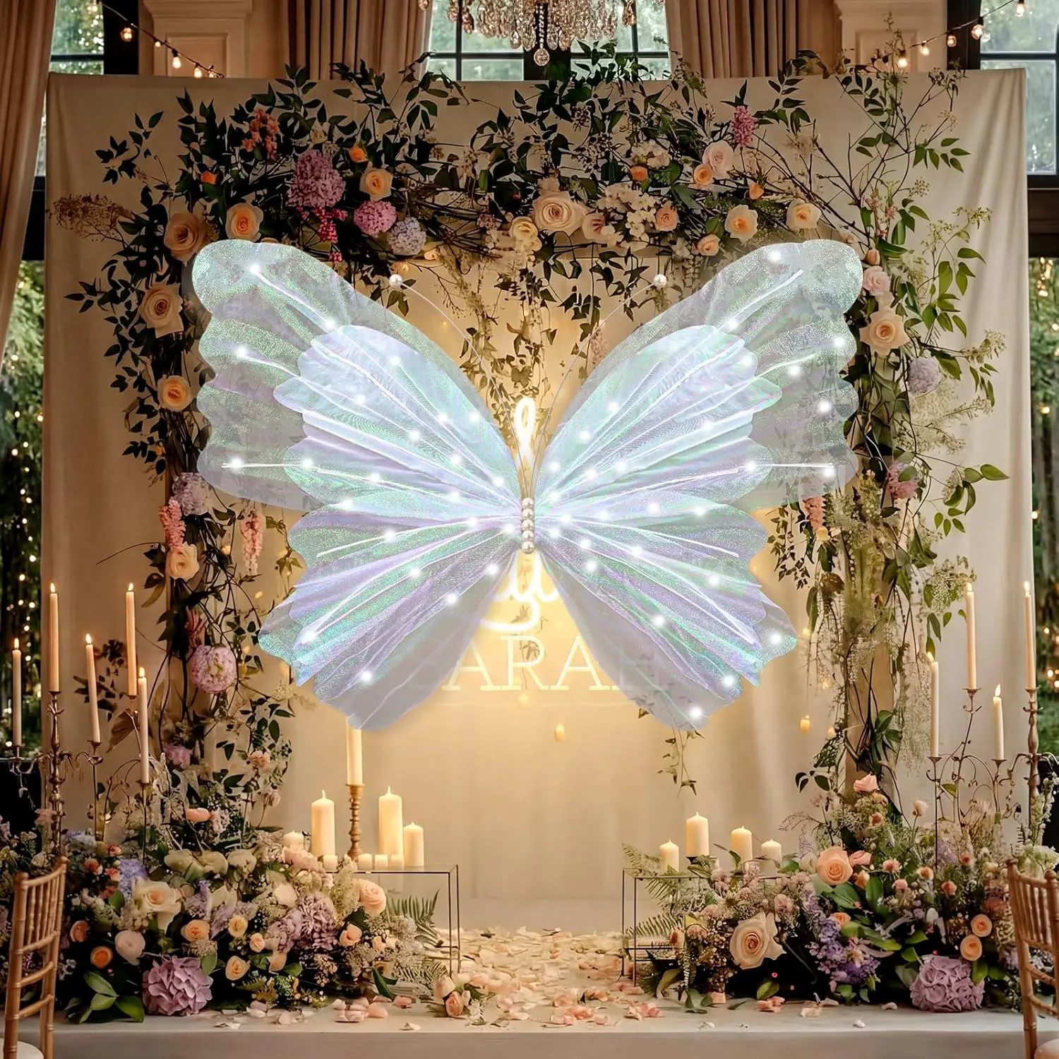 47 Inch Giant Butterfly Party Decoration Mariposas Grandes Para Backdrop Decor Large 3D Silk Light up LED Butterfly Backdrop for Spring Wedding Baby Shower Birthday Fairy Garden Party Outdoor(White)