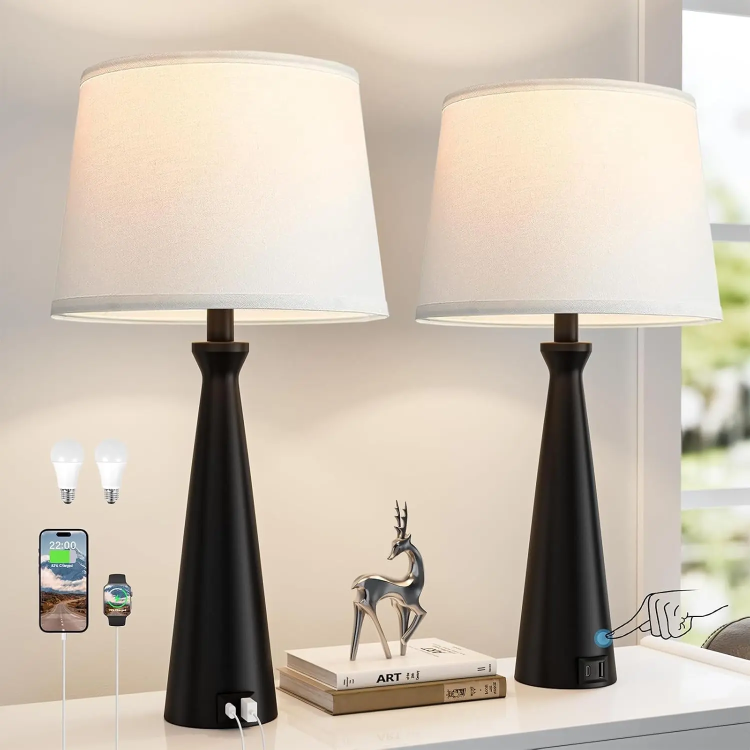 Modern Table Lamps Set of 2 - Touch Bedside Lamp for Nightstand with Dual USB C+A,3-Way Dimmable Black Nightstand Lamps for Living Room Bedroom End Table(Bulb Included)