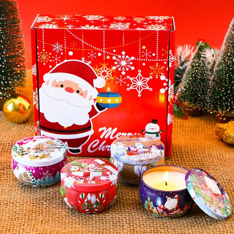 4 Pack Christmas Scented Candle Gift Set, Assorted Fragrance Mini Tin Soy Candles, Holiday Home Decor, Merry Christmas Presents
