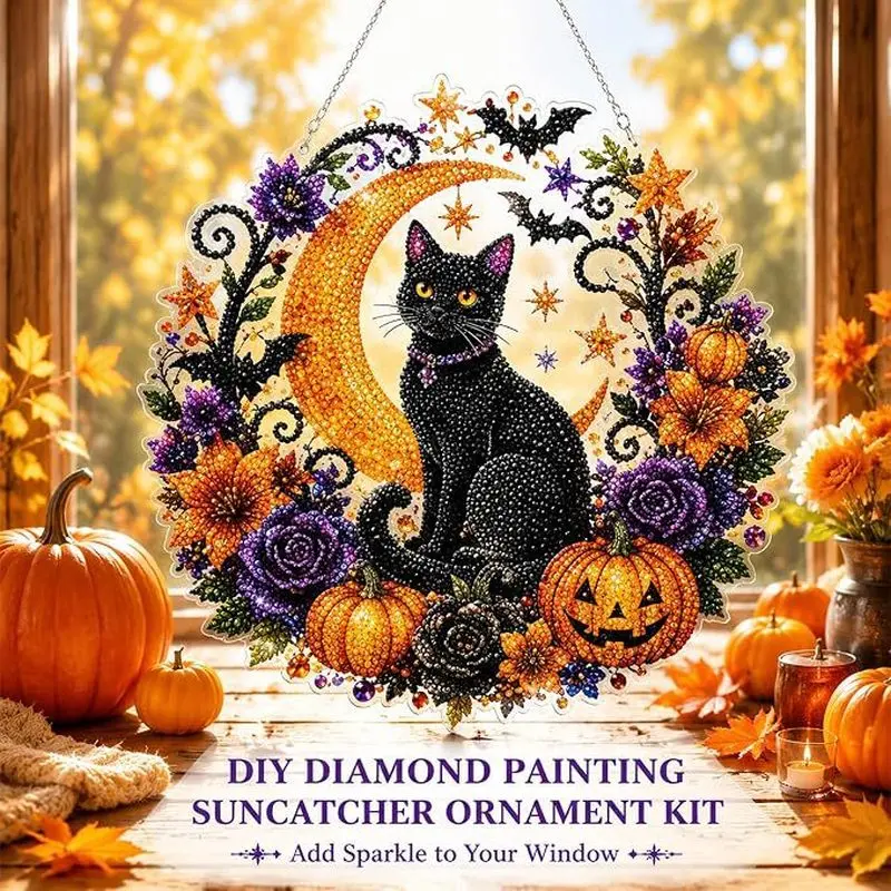 5D Acrylic Crystal Drill Halloween Moon and Cat Diamond Painting Hanging Ornament, DIY Kit for Toys & Hobbies Needlework Projects, Holiday Decoration Set