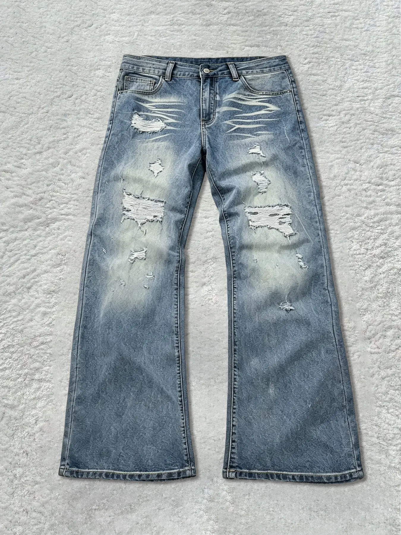 Men's Vintage Light Wash Ripped Micro Flare Jeans, Distressed Loose Wide Leg, Y2K Street Style Classic Casual Long Pants, All Seasons