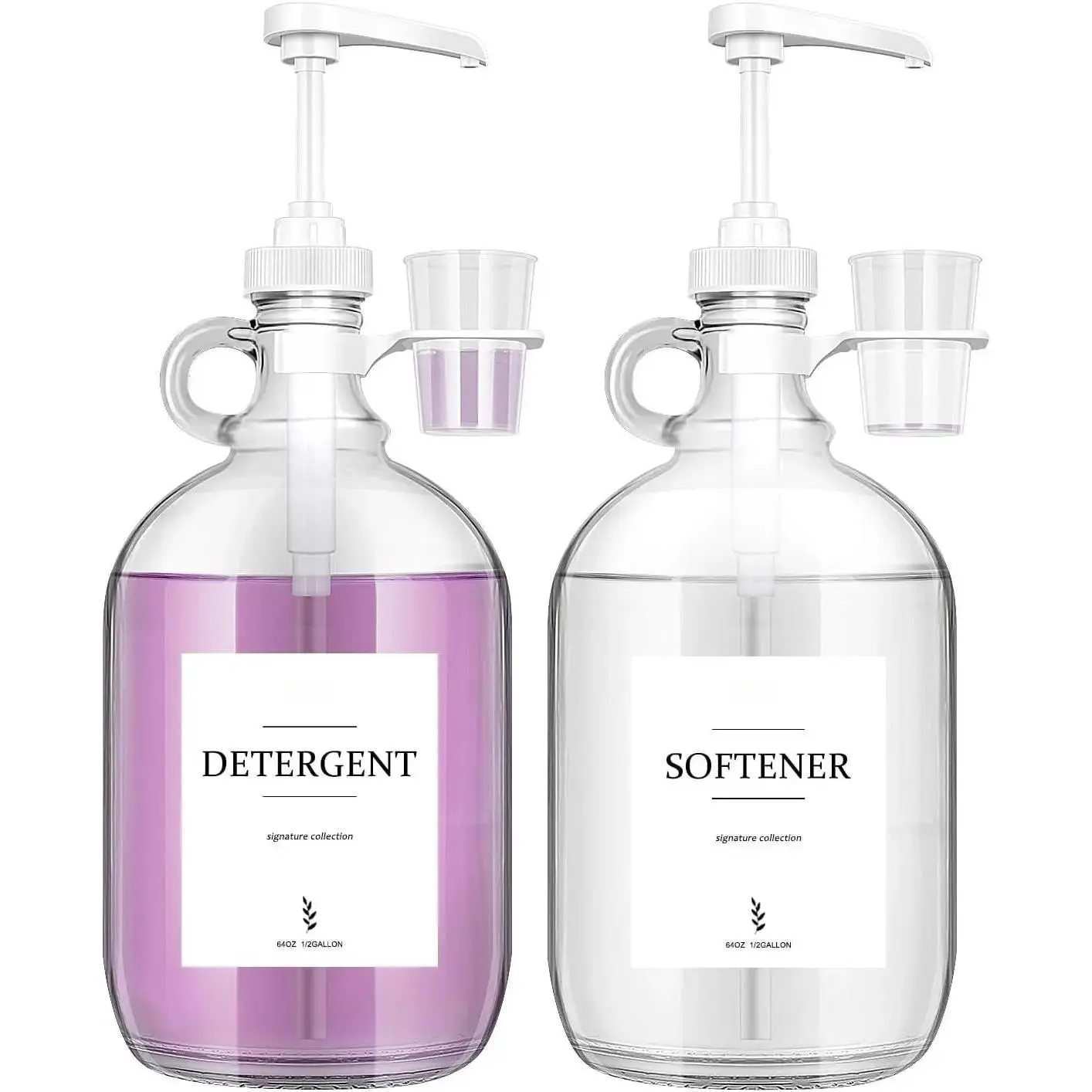 2 count Glass Liquid Laundry Detergent Dispenser with Cup Holders, Half Gallon Dispenser for Laundry Room (64 oz.Each), Laundry Detergent Bottles with Pump Dispenser -Includes Labels, Measuring Cups