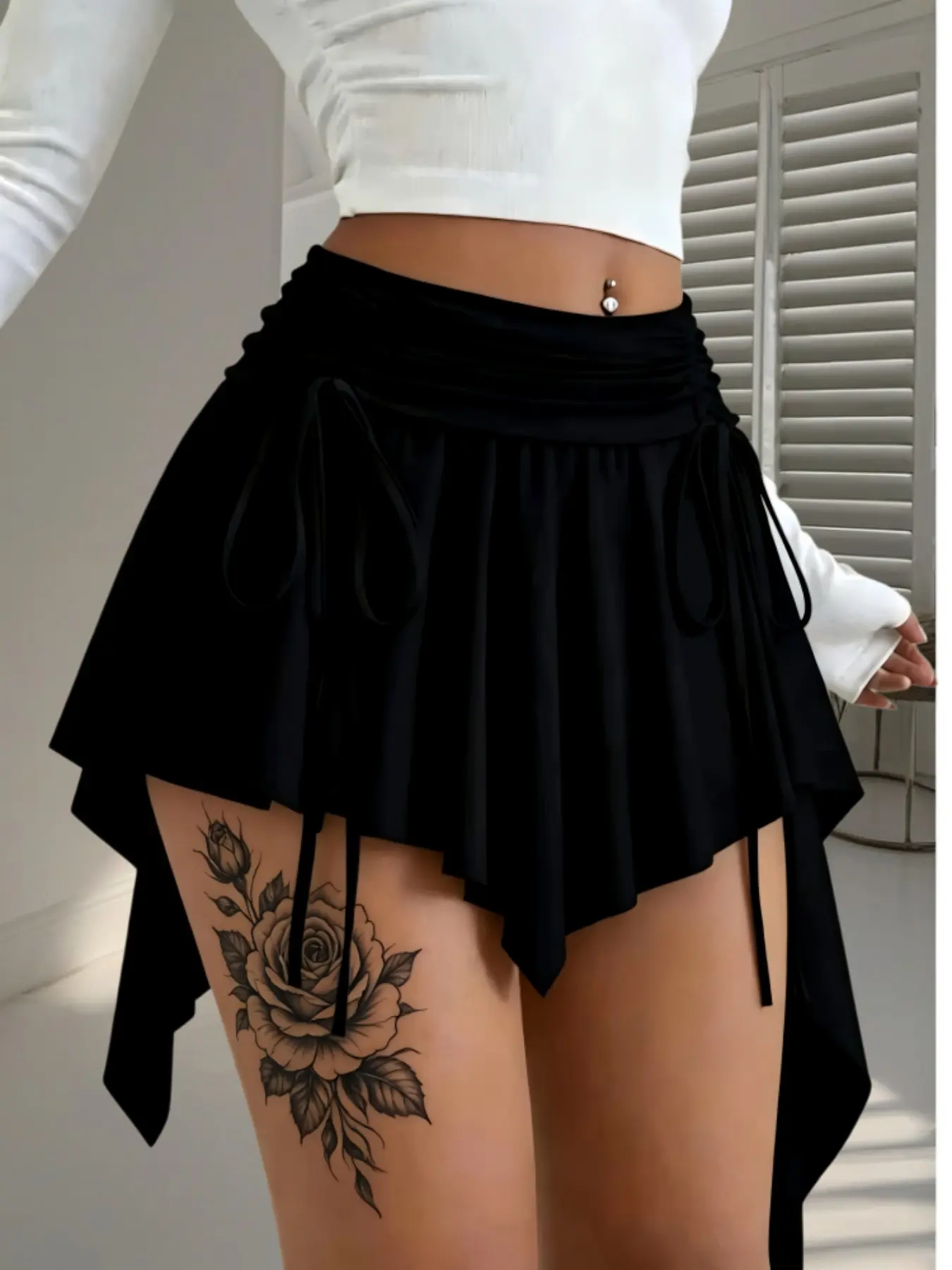 Irregular Hem Adjustable Drawstring High Waist Short Skirt, Fashion Side Ruched Skirt, Sweet & Edgy Street Style, Bottom