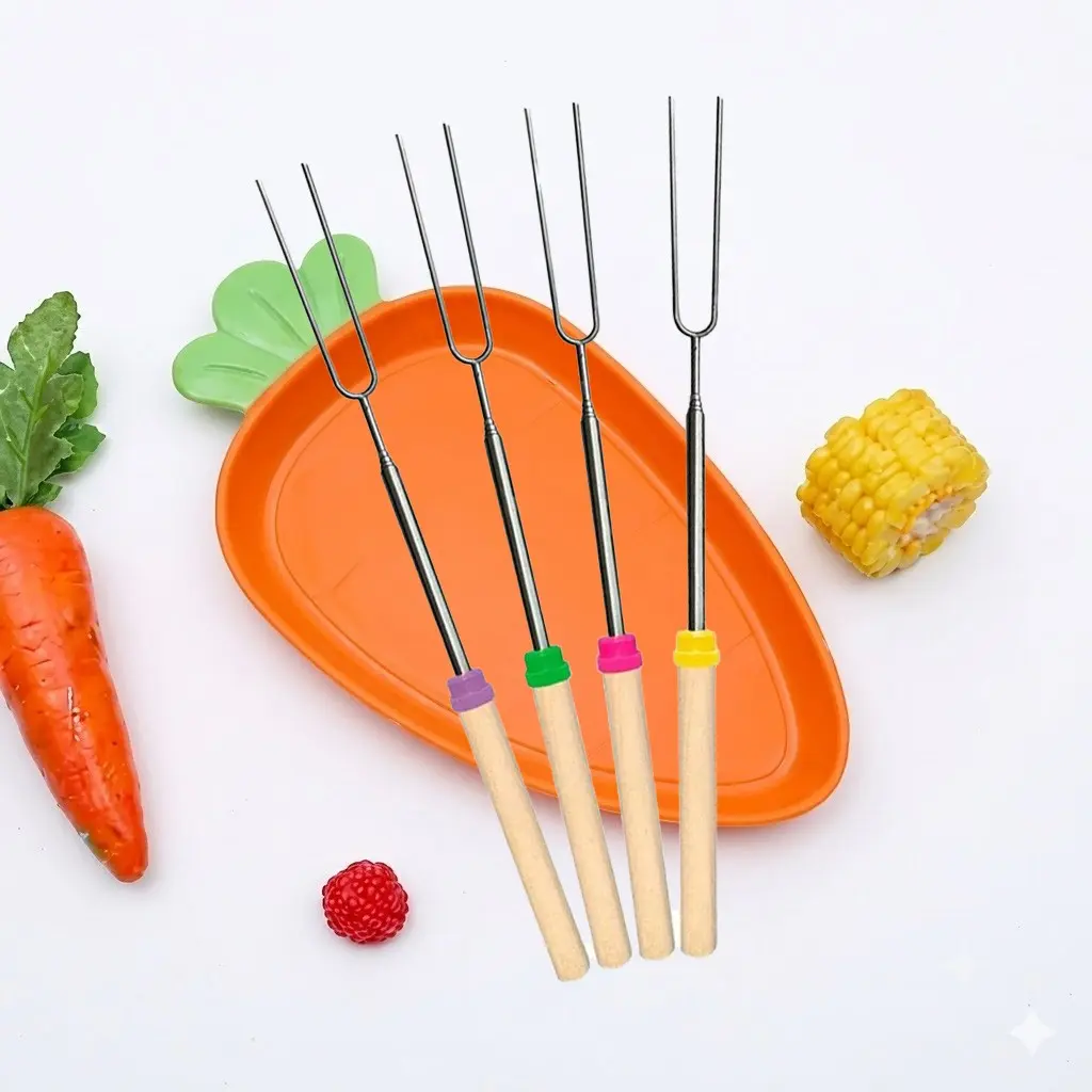 Marshmallow Roasting Sticks, Telescoping Smores BBQ Forks, 32 Inch Long Metal and Wooden Barbecue Skewers for Camping & Bonfires, Barbecue Utensils, Grilling Barbecue Accessories, Barbecue Accessories, BBQ Tools