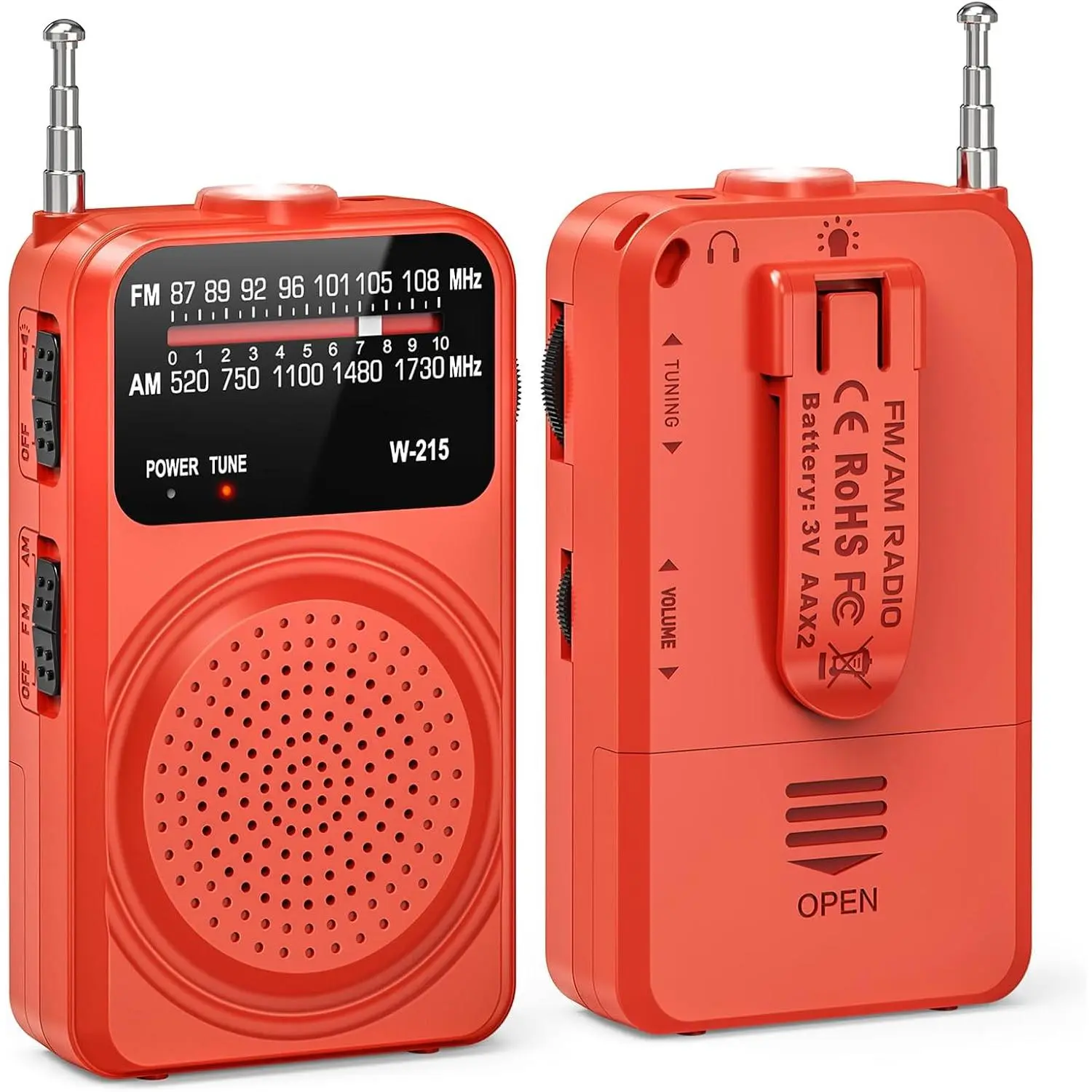 Portable Radio AM FM, Pocket Radio with Flashlight, Tuning Light,  Clip, Headphone Jack and Excellent Reception,  Operated Radios for , Outdoor,  - Red