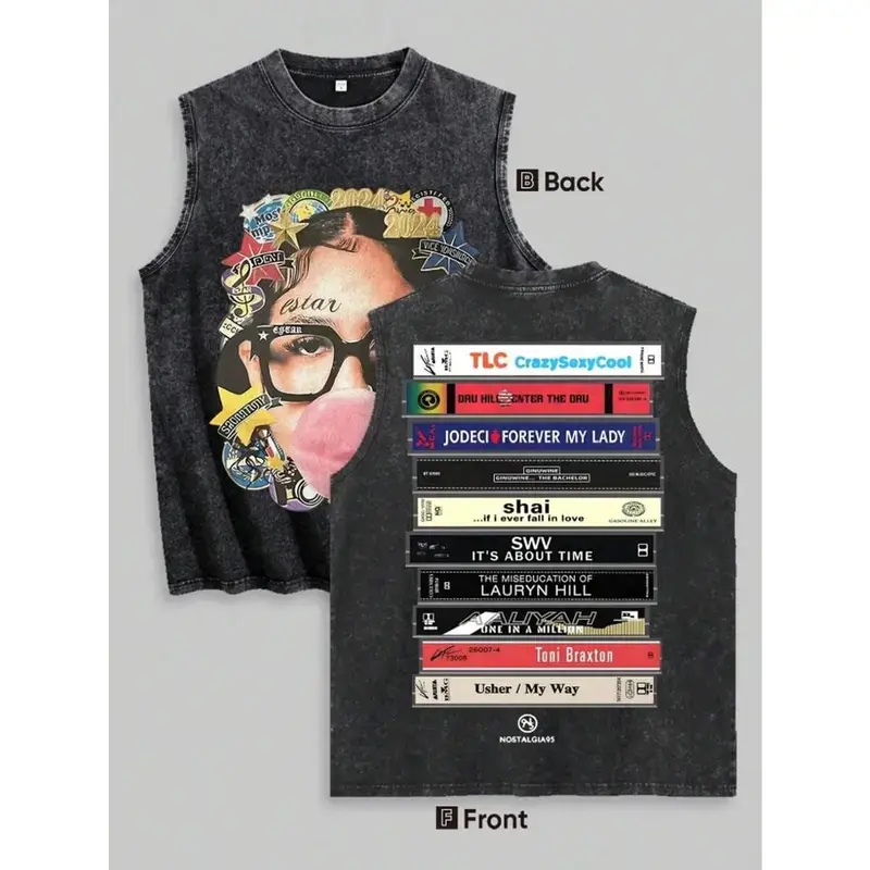 Men's Vintage Acid Wash 90s R&B Hip Hop Print Cotton Tank Top - Menswear, Lauryn Hill Aaliyah Graphic, Breathable Stretchy Ribbed Crew Neck, Sleeveless A-Type Casual Streetwear Vest, Machine Washable, Soft