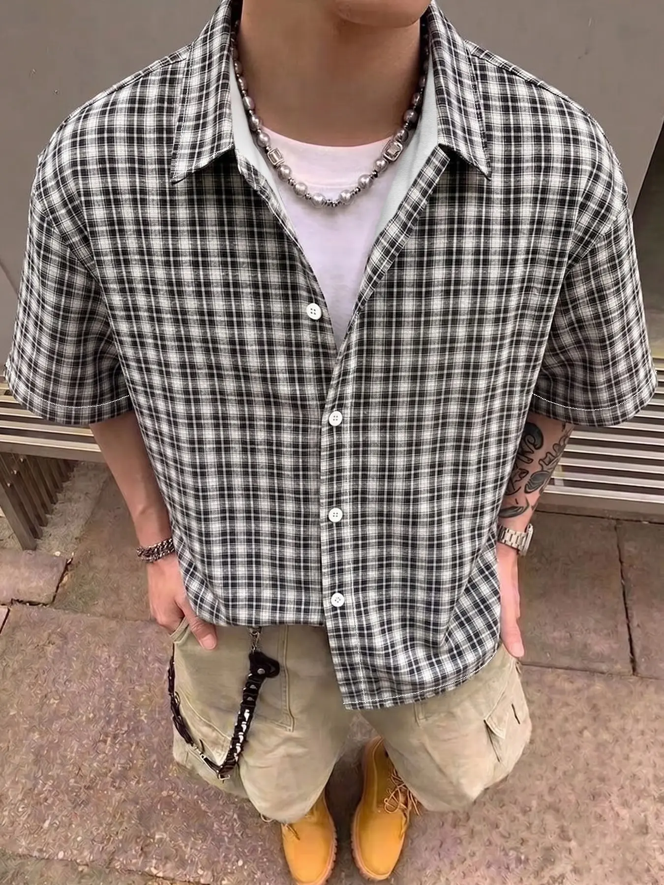 Men's Plaid Checked Short Sleeve Casual Shirt, Casual Street Style, Classic Leisure Plaid Design, Suitable for All Seasons, Loose-Fitting, Plain Surface, Unlined, Menswear
