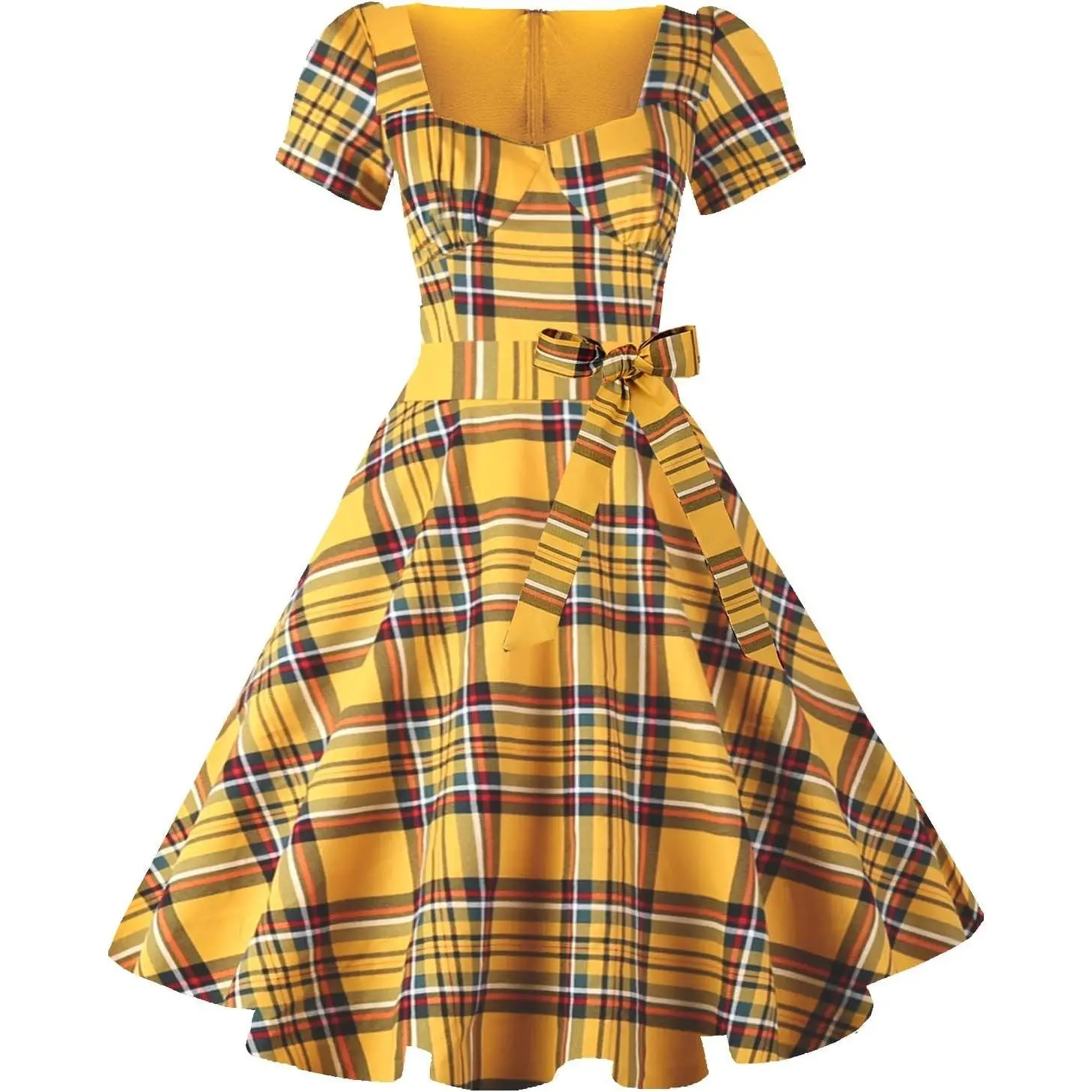 Women's 1950s Vintage Puff-Sleeve Cocktail Rockabilly Swing Dress with Pockets, Casual Spandex-Cotton Fabric, Cap Accent Costumes, Comfortable