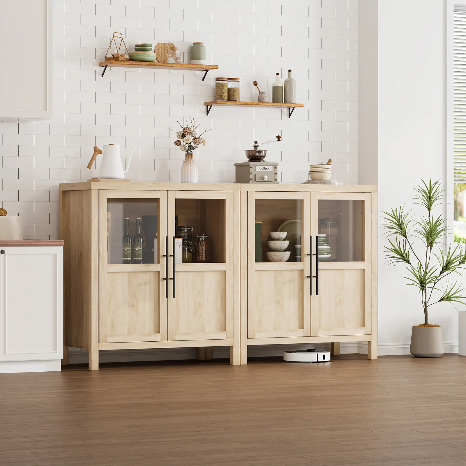 ✨ Narrow Glass Door Sideboard Cabinet – 36" Farmhouse Storage Display with Shelves. Perfect for Small Spaces, Kitchen & Living Room! 🏡