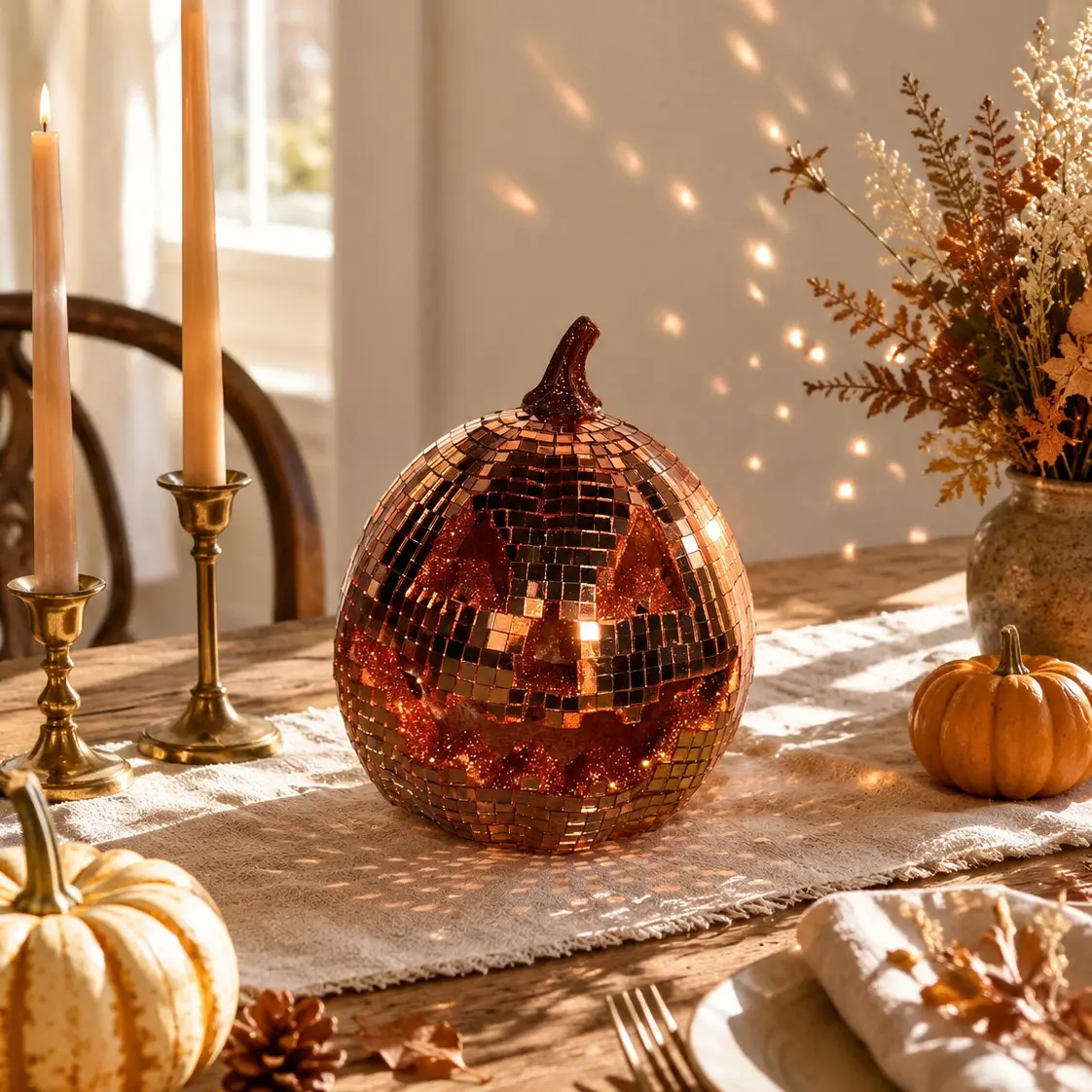 Halloween Disco Mirror Pumpkin Ghost Ornament, Creative Desktop Decoration for Home Living Room, Fireplace Shelf, Party, Bar, Store Window Display