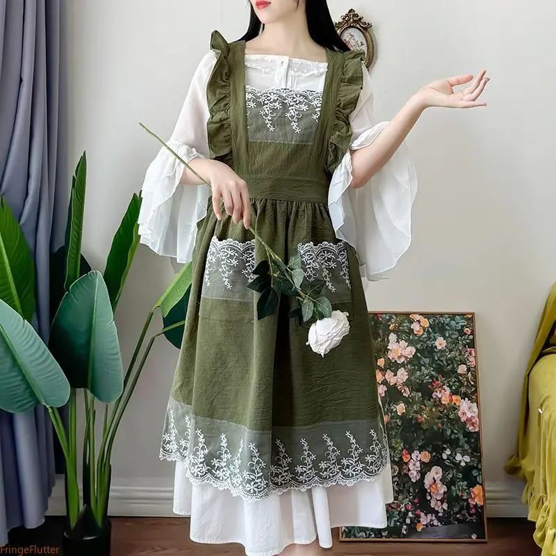 Princess Cottagecore Cotton Lace Ruffled Apron, Japanese Style Full Coverage Apron with Pockets, Coquette Gardening Cooking Florist Summer Apron for Women