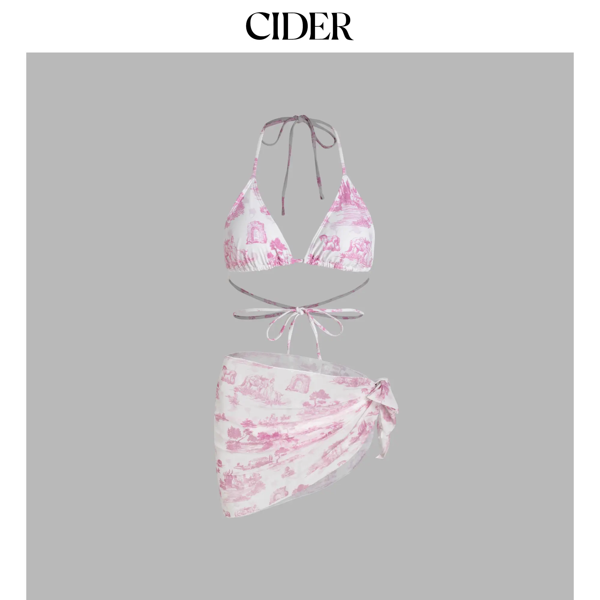Cider Vintage Printed Halter Bikini 3-Piece Set