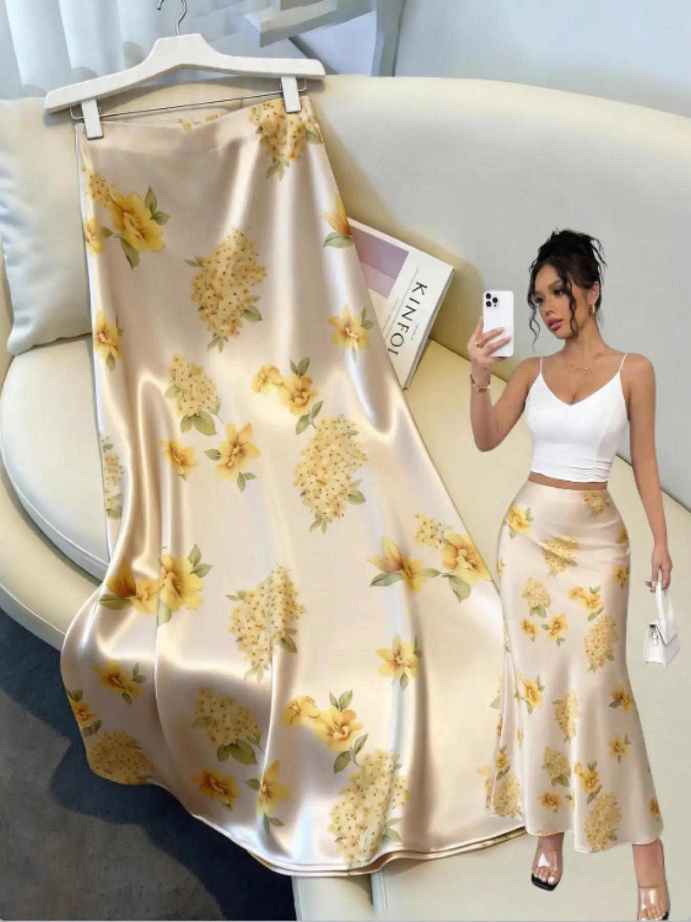 Elegant Champagne Floral Fish Tail Midi Dress, High Waist Flowy Satin Print Skirt, Medium-Length Bodycon Long Dress
