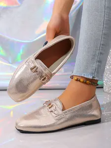 Silver Color Square Toe Loafers, Elegant Floral Pattern, Medium Width, Rubber Sole, All-Season Comfort, Easy Slip-On Design