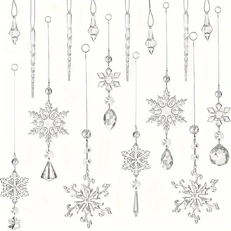 16pcs Christmas Crystal Snowflake Decorations, Hanging Snowflake Ornaments, Acrylic Icicle Set, Crystal Snowflakes for Tree Parties