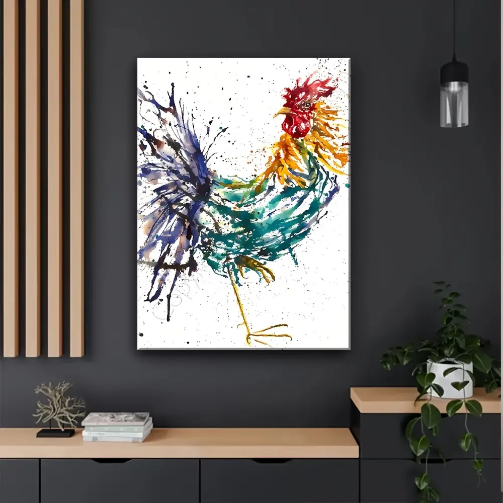 1 Piece of Vibrant Rooster Ink Art Canvas Print - Wooden Framed Wall Decoration, Suitable for Living Room, Bedroom, Kitchen, and Home Office - Modern Animal Art Painting with Pine Wood Frame, Perfect Anniversary Gift, Kitchen Decor | Vibrant wall art | Co