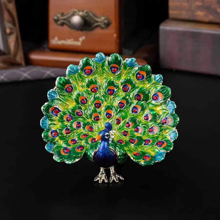 Vibrant Enamel Peacock Jewelry Box with Lid, Rhinestone Open Peacock Ornament Storage, Solve Necklace Tangles and Vanity Clutter, Boho Tropical Decor