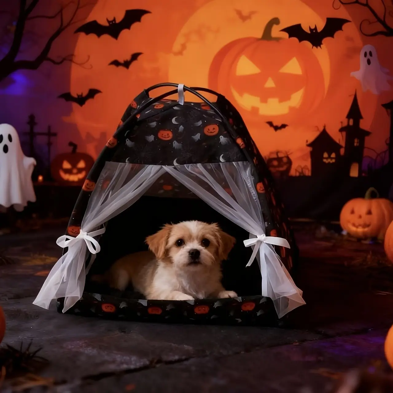 Halloween Pet Tent Cat House Foldable Pumpkin Crow Moon Pattern, Festive Gift for Halloween, Perfect for Pumpkin Festival Gifts