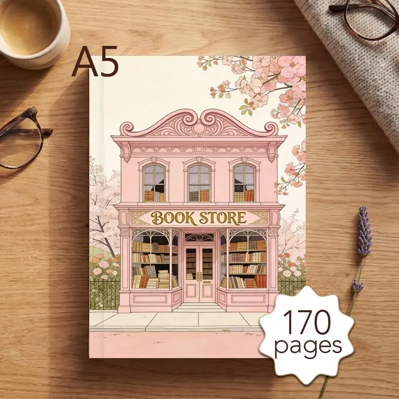 1pc A5 Reading Planner Notebook, Daily Reading Journal With Pink Bookstore & Bookshelf Illustrations, 170 Pages Reading Log And 52 Book Review Templates, Stationery For Book Lovers To Record Book Notes And Quotes
