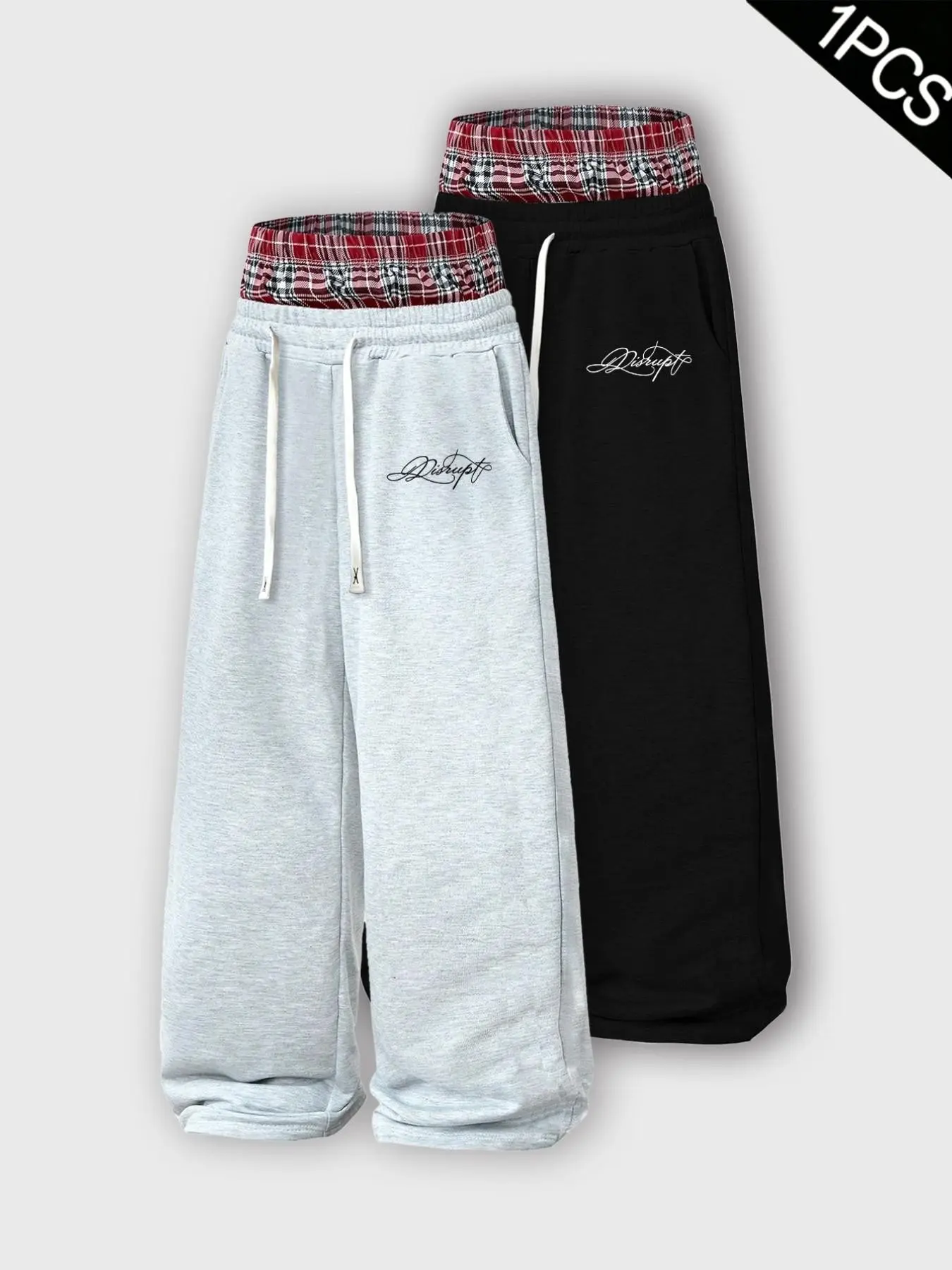 Loose Straight Leg Streetwear Sweat Pants For Men Baggy Wide Leg Trousers With Contrast Red Plaid Fake Layer Waist, Minimal Cursive Letter Embroidery, Preppy Y2K Skater Bottoms For Outdoor Daily Hip Hop Matching Outfit