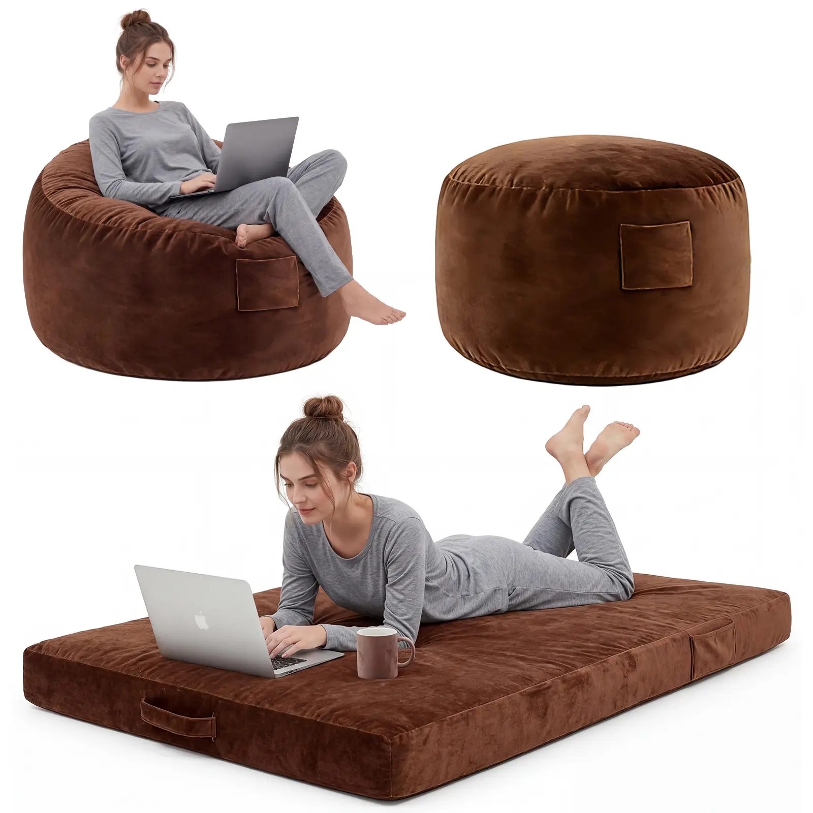 4-in-1 4ft Oversized Memory Foam Bean Bag Sofa - Convertible Lounger Full Size Bed, Blue Velvet Removable Washable Cover, Unroll Set-Up Squishy Living Room Furniture for Adults, Blue Velvet Removable Cover