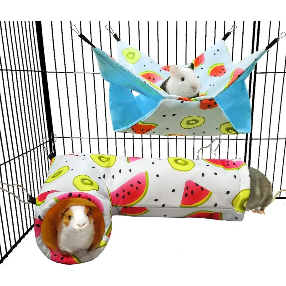 Guinea Pig Rat Corner Tunnel & Tubes Bunkbed Hammock, Hideout for Small Pet Hedgehog Piggy Hamster (Hammock&Tunnel-Watermelon)