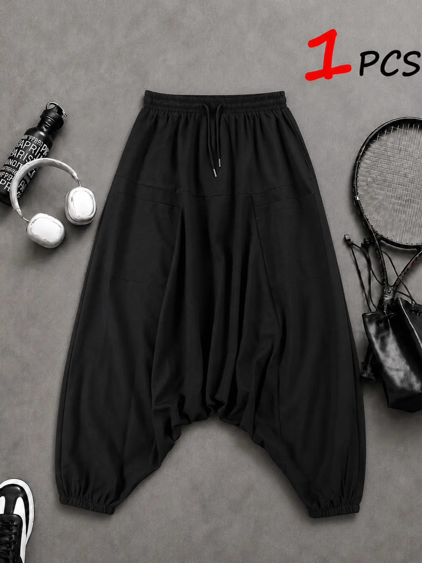 Men's Streetwear Drop Crotch Harem Joggers, Striped Inner Waist, Drawstring, Lightweight Breathable Fabric, Comfortable Fit, Ideal for Sports, Sports Jogging Pants