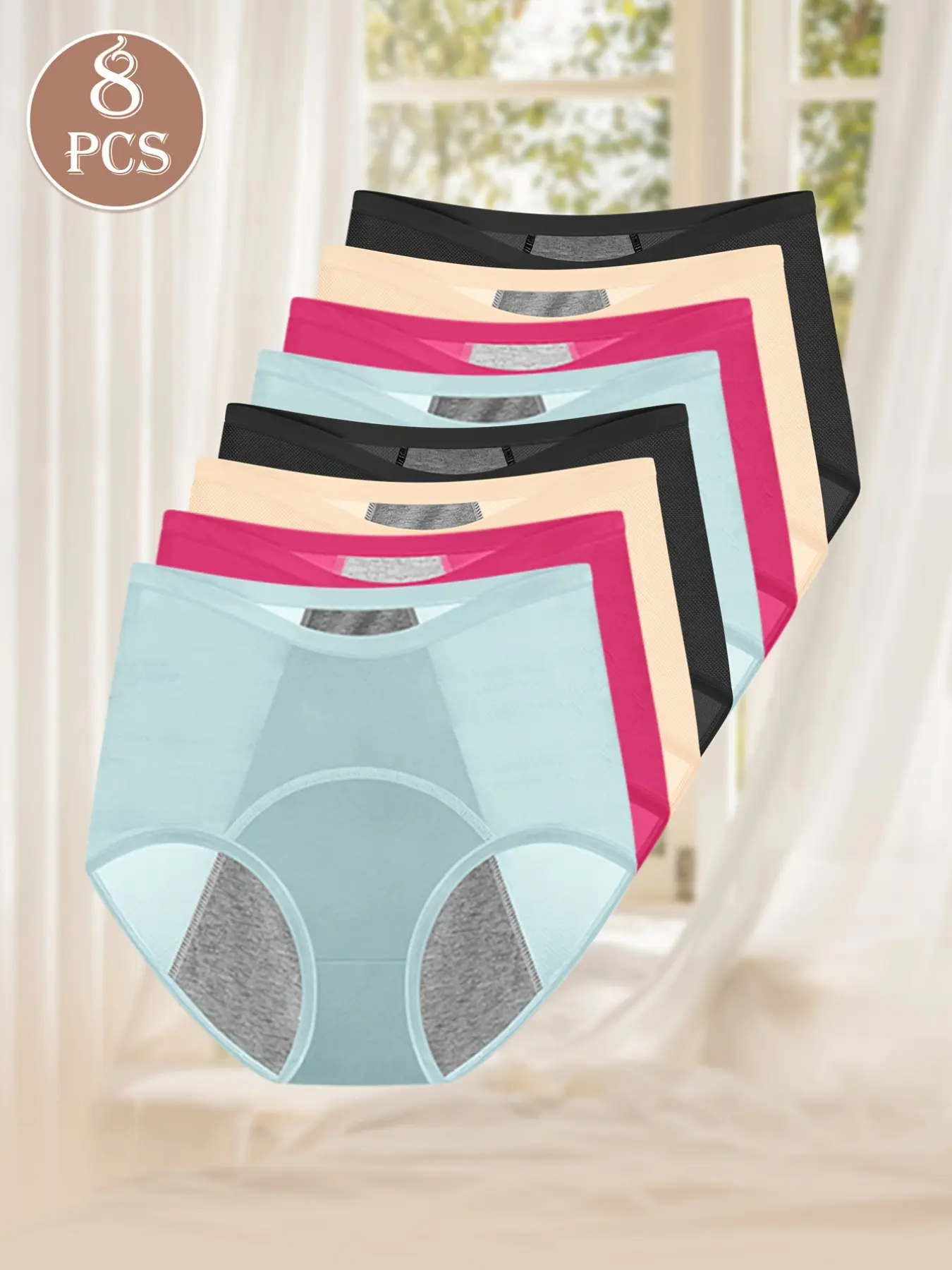 8-Pack High-Waist Casual Breathable Mesh Period Underwear, Slim-Fit Plain Design, Suitable for All Seasons, Women's Menstruation Panties, Casual Comfy Panty