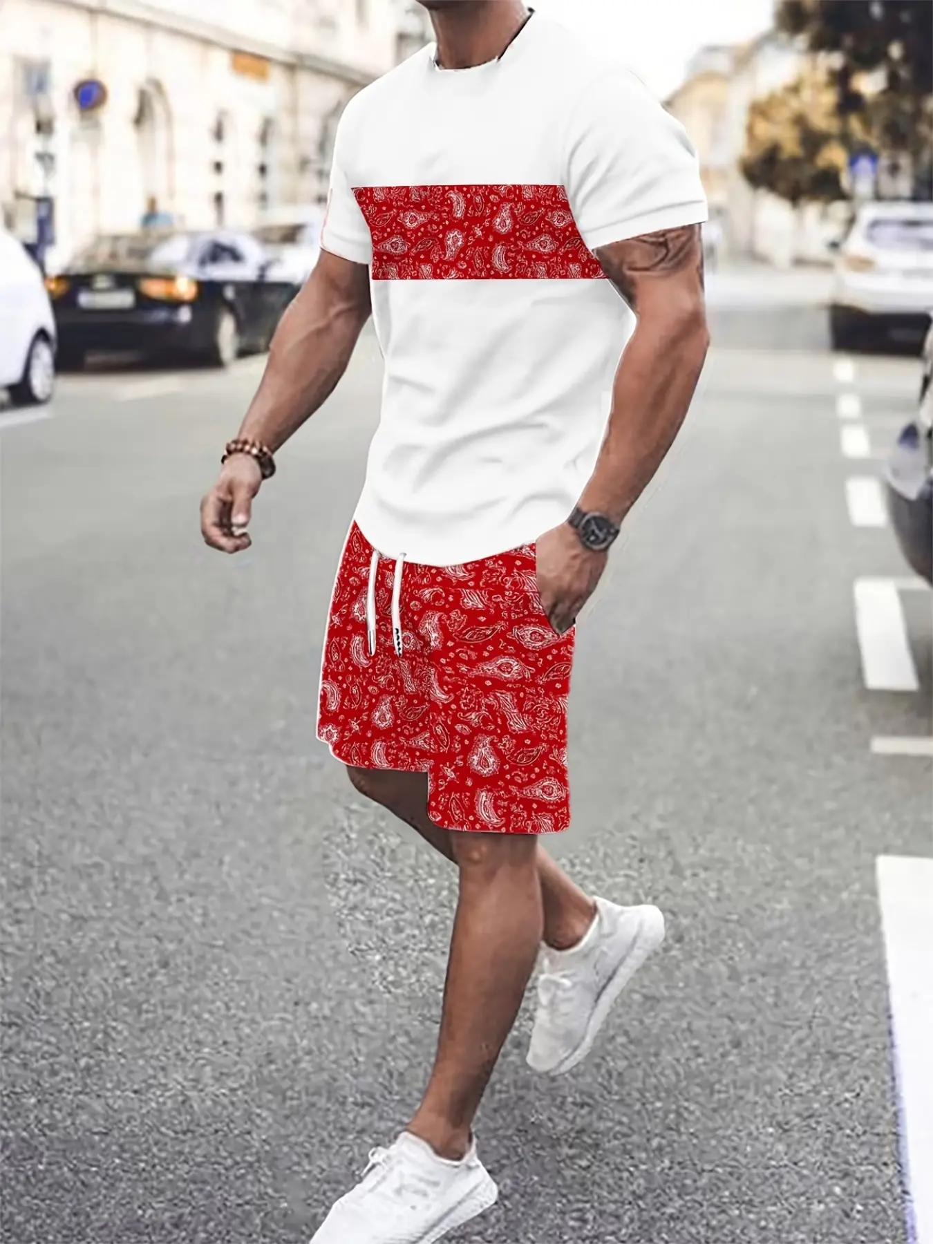 Summer Graphic Print Casual Set, Short Sleeve Tee + Gym Shorts for Men, Menswear, Trendy Streetwear, Loose-Fitting, Regular Length