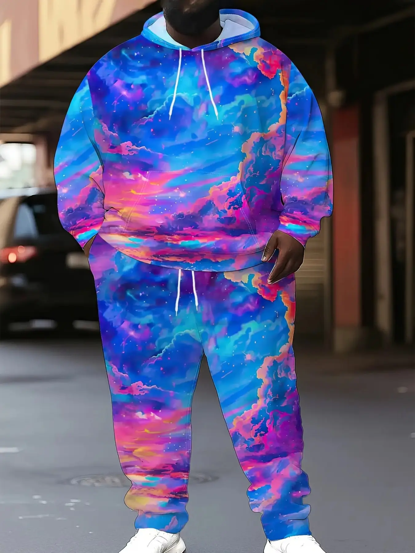 Men's Dreamy Galaxy Nebula Full Print Hoodie Set, Colorful Rainbow Cloud Pattern, Streetwear Fashion, Long Sleeve, Ankle Length Pants