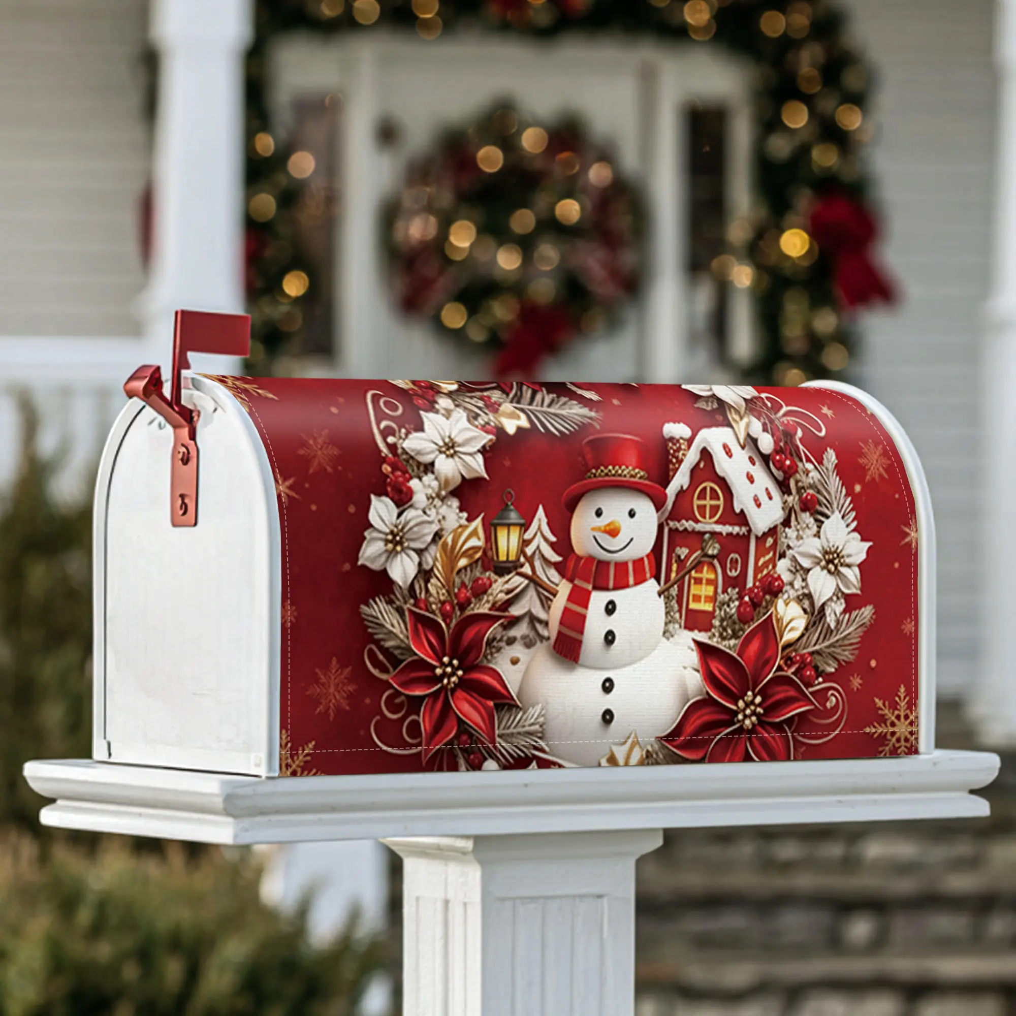 snowman Magnetic Mailbox Covers, Christmas festive house poinsettia Christmas red Mailbox Post Cover for Garden Yard Decor