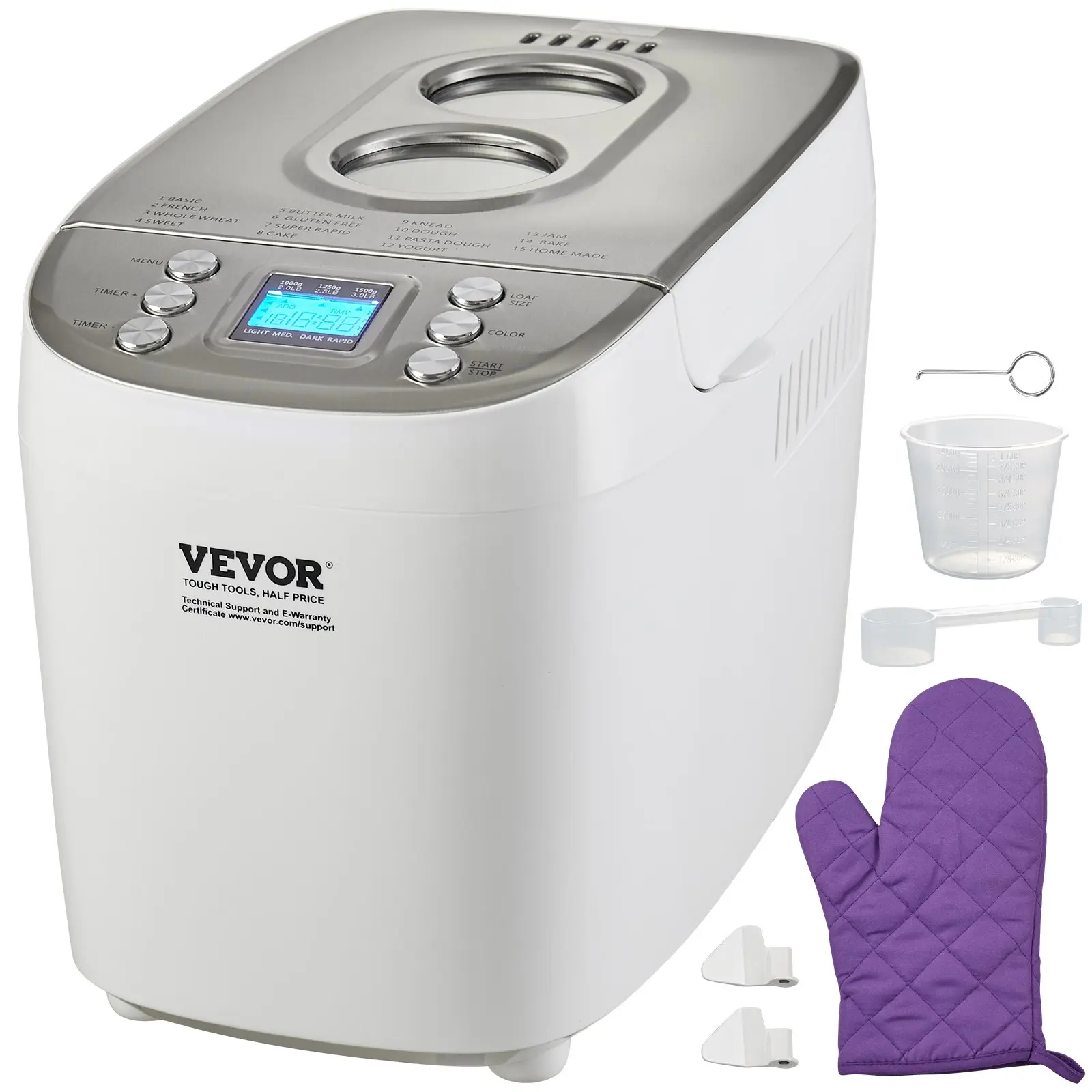 VEVOR Bread Maker, 15-in-1 3LB Dough Machine, Nonstick Ceramic Pan Automatic Breadmaker with Gluten Free Setting, Whole Wheat Bread Making, Digital, Programmable, 3 Loaf Sizes, 3 Crust Colors, White, Bread Making Tools, Kitchen Bread Maker