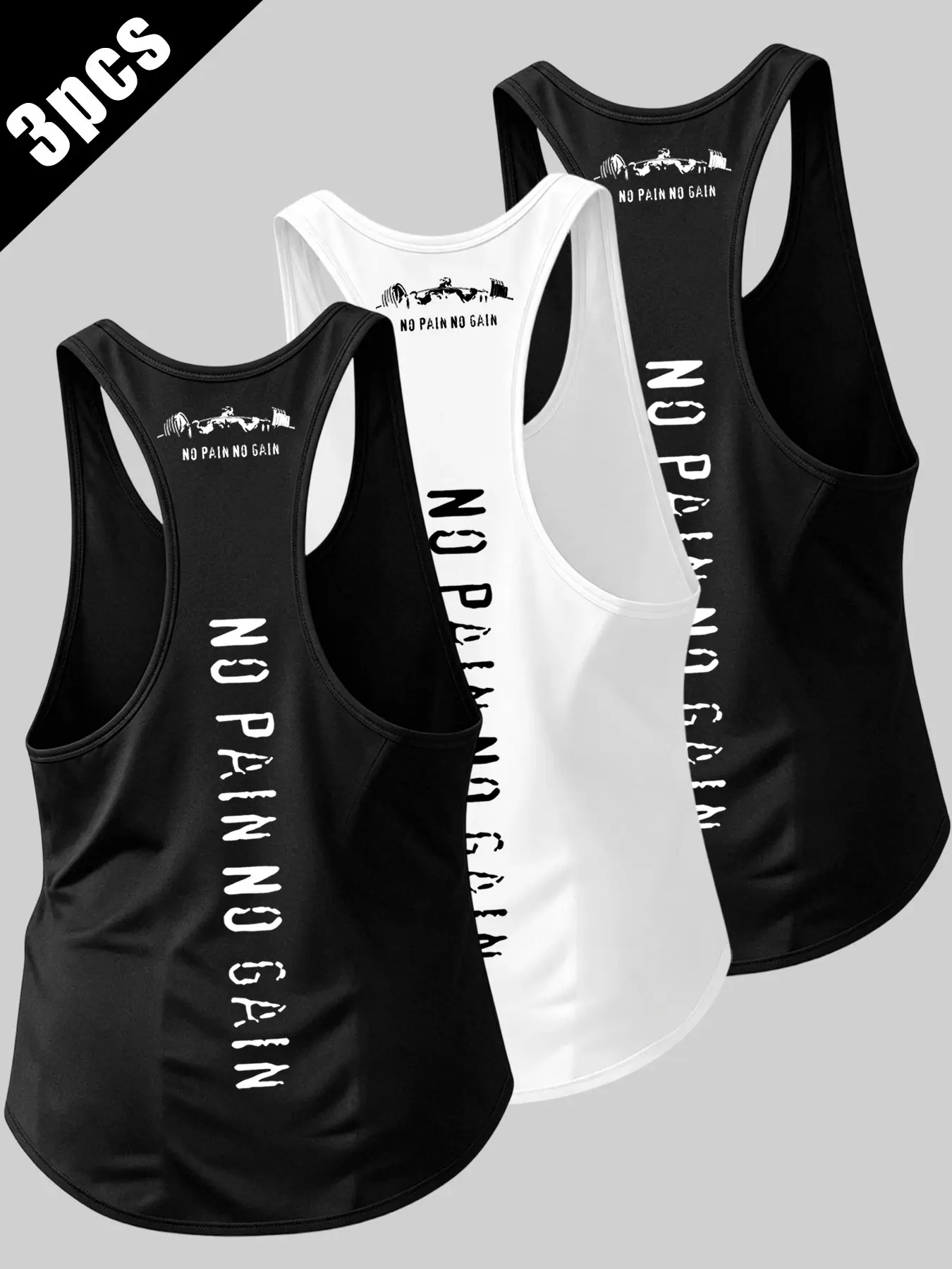 Men's Summer Breathable Fitness Tank Tops 3-Pack, Sleeveless Sports Vest, Barbell + 'no Pain No Gain' Print, Ideal for Gym Training & Daily Wear