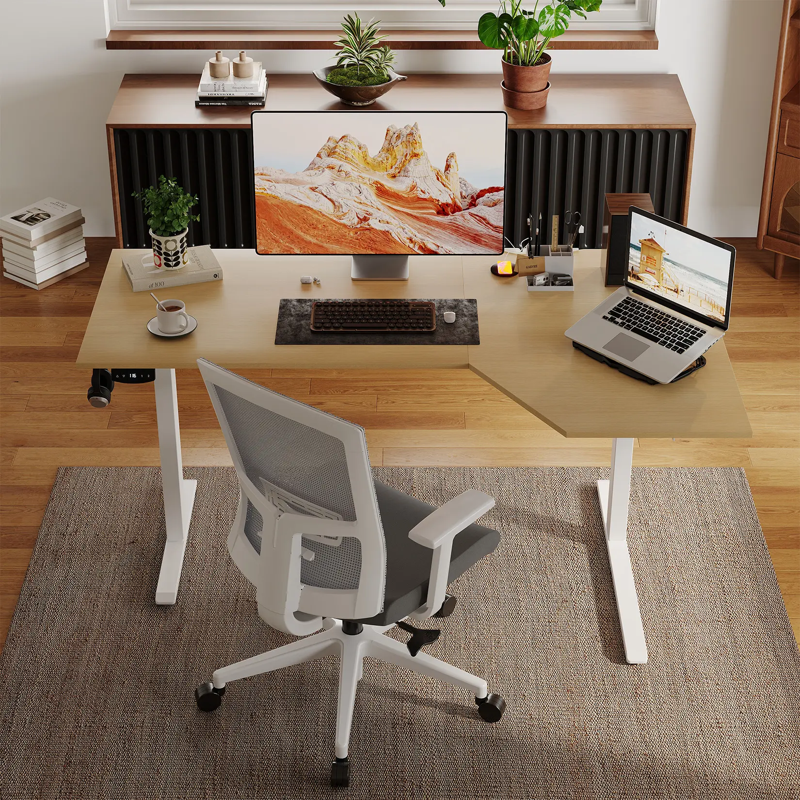 L Shaped Electric Standing Desk – Height Adjustable 59 x 35 Inch Ergonomic Corner Stand Workstation – Memory Preset – Executive Writing Table for Home or Office – US Standard