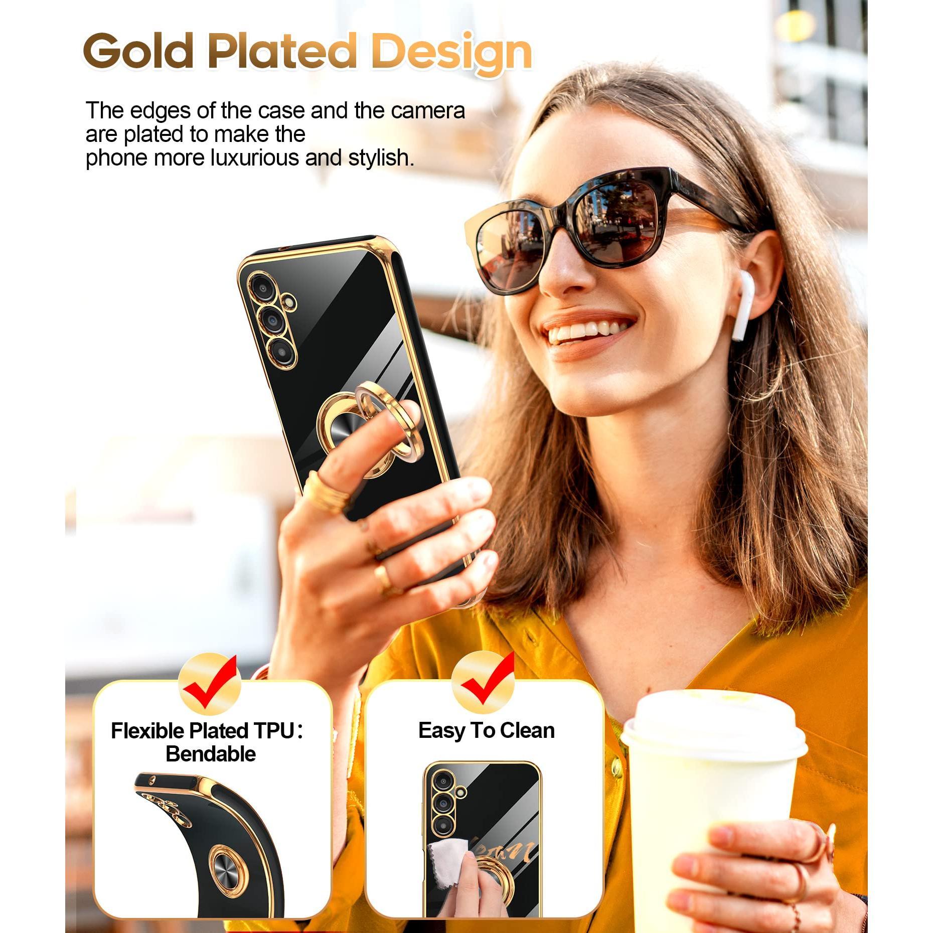 For Galaxy A14-5g Phone Case: 2 Pack Tempered Glass Screen Protector And 360° Rotatable Ring Magnetic Kickstand  Rose Edge Cell Android Basic Funda Para A 14 5g Cover Black