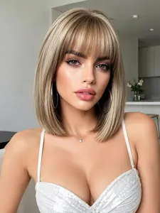 12-Inch Ash Blonde Bangs Bob Wig, Heat-Resistant Synthetic Straight Short Wig, Ideal for Daily Dates and Halloween Parties