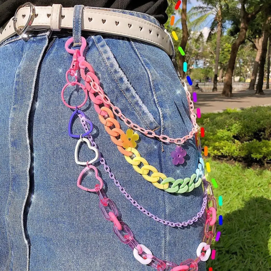 Y2K Rainbow Resin Wallet Chain Keychain, Colorful Acrylic Flower Bag Charm, Cute Pants Chain with Double Clasp, Harajuku Punk Streetwear Belt Loop Accessory for Women Men