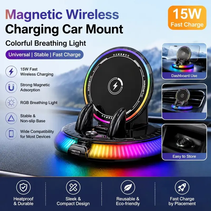 RGB Wireless Car Phone Holder, 360 Rotating Auto Lock, Stable Vacuum Base, Universal Fit for All Smartphones, Dashboard & Windshield Mount, Car Phone Stand