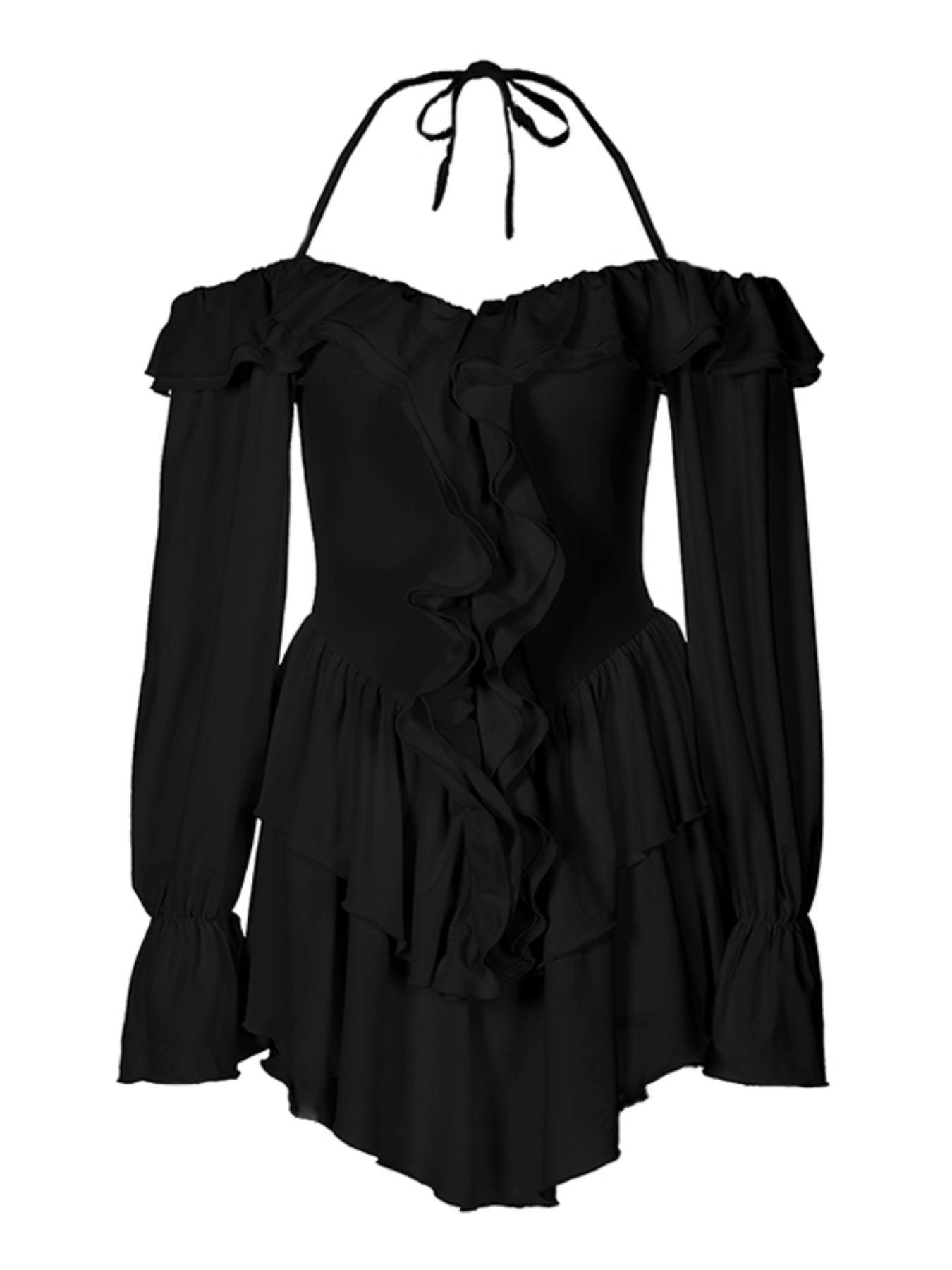 Women's Vintage Fitted Off-Shoulder Long-Sleeve Ruffle Halter Neck Overalls - Casual Summer Clothes