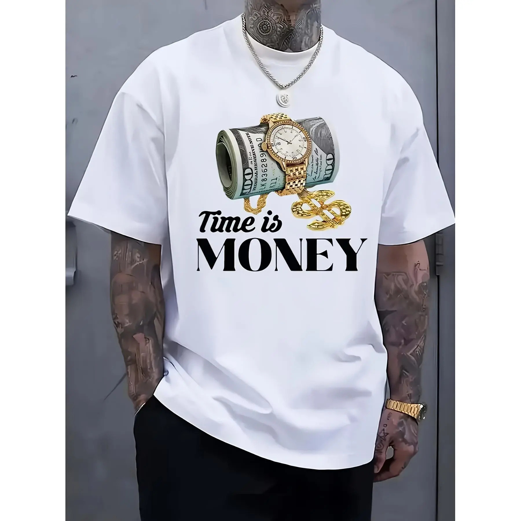 Men's T-shirt with Watch, Money, and Chain Prints. Time Is Money. 180g Pure Single-sided Printed Round-neck Short-sleeve T-shirt. Gift for Father, Mother, Family, Friends. Everyday T-shirt. Urban Style