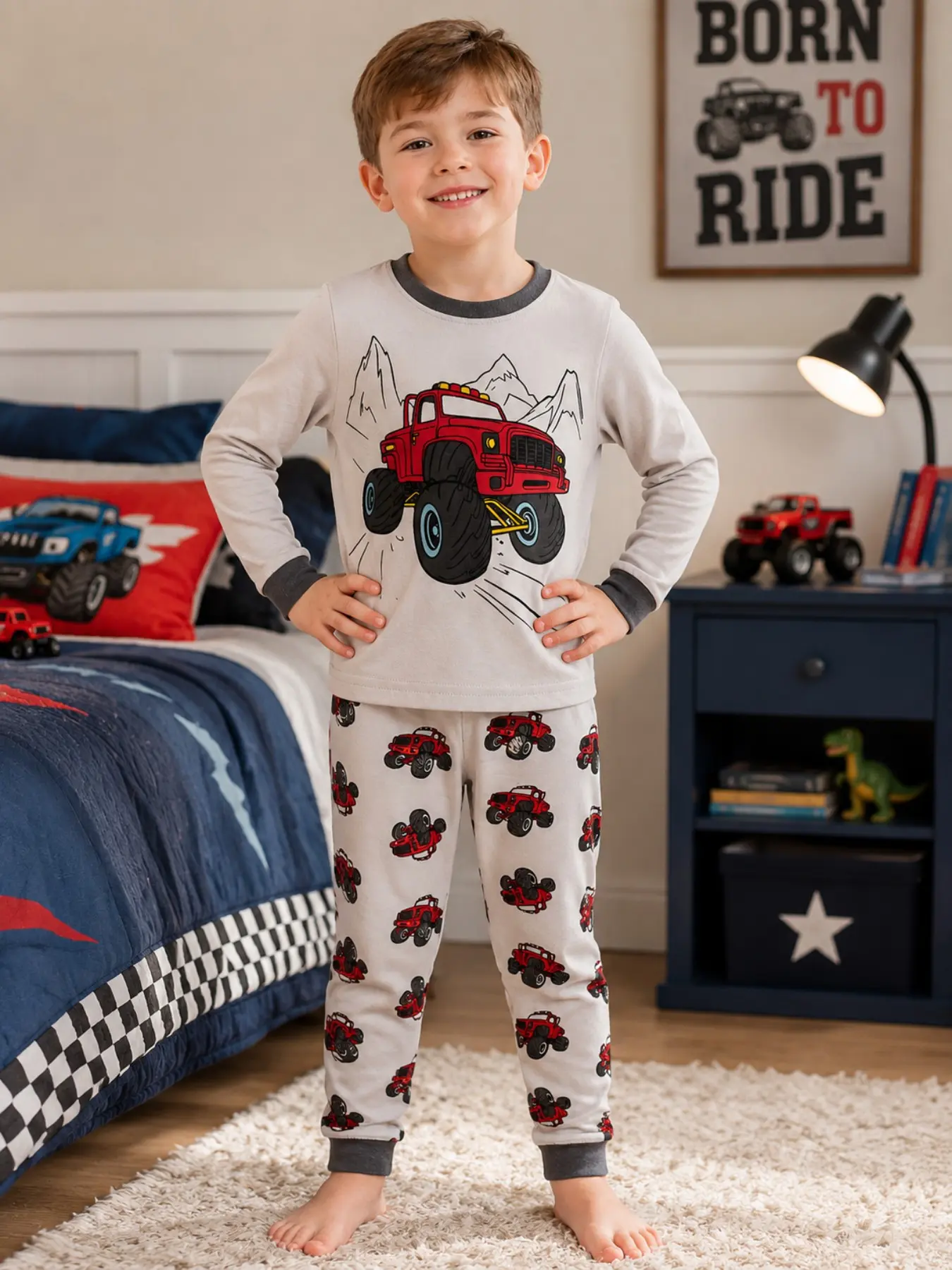 Boys' Long Sleeve Pajama Set, All Seasons Pajamas, Cartoon Car Print, Comfortable Casual Home Wear, Flame Retardant Fabric, Suitable for Spring Summer Fall, Ages 2-9